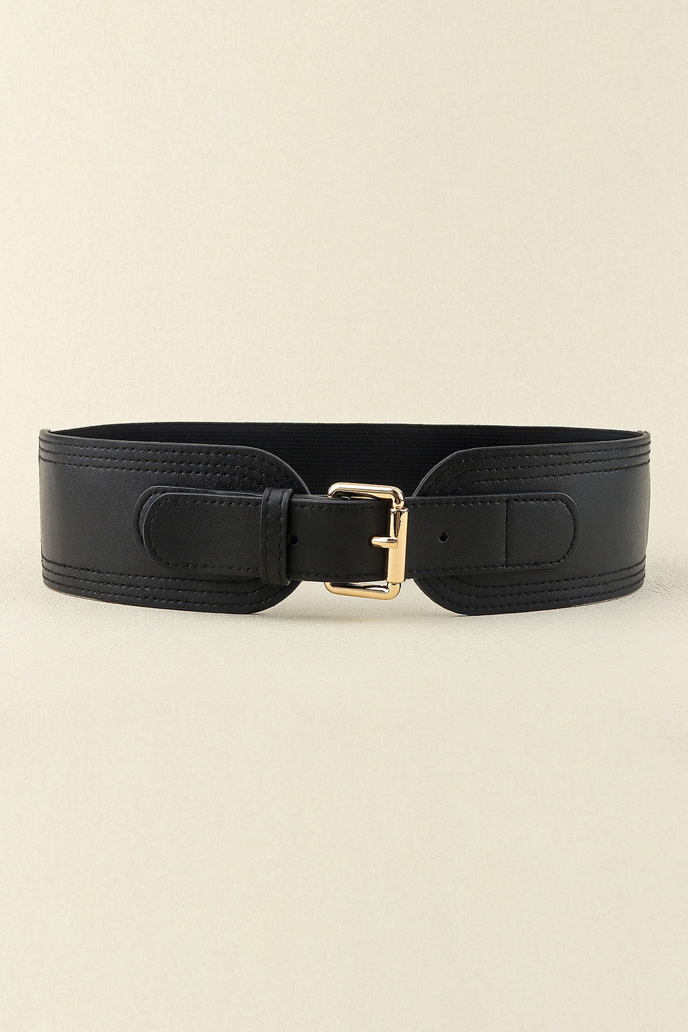 Black elasticated waist belt with gold buckle and stitched detail