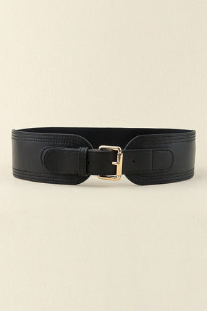 Black elasticated waist belt with gold buckle and stitched detail