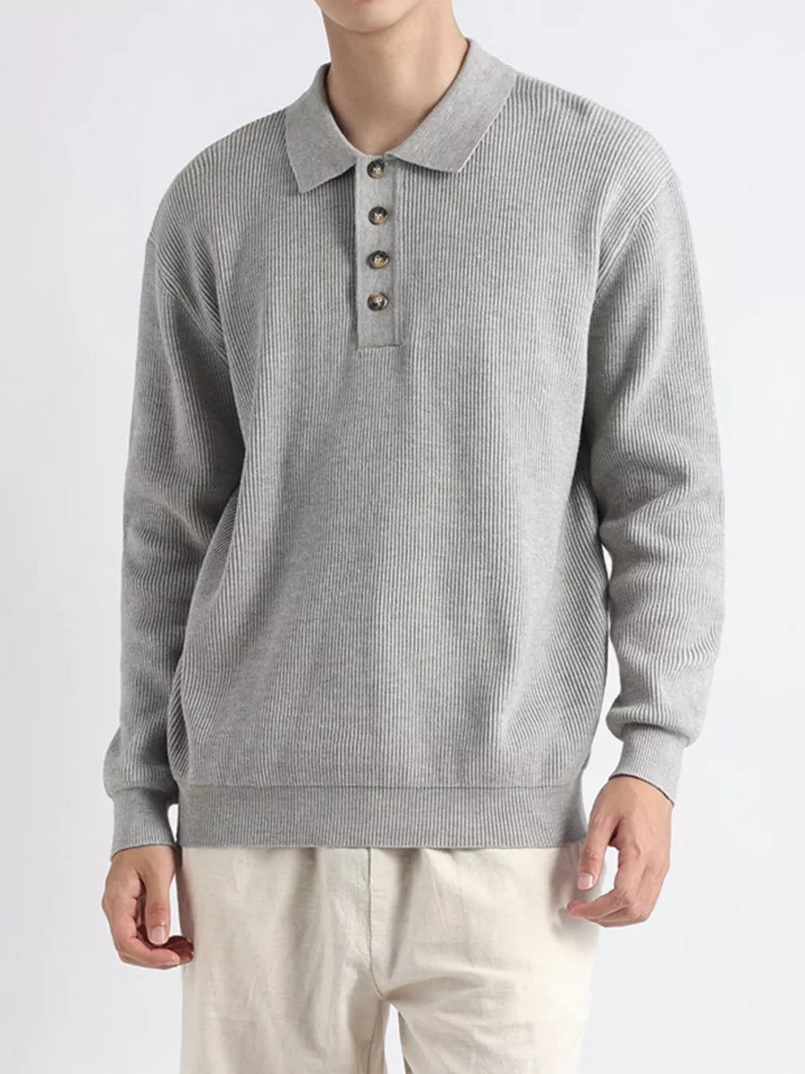 light gray pullover sweater with ribbed and collared