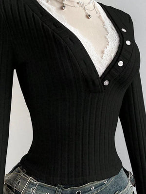 Black with V-neck Lace Trim Ribbed Knit T-shirt