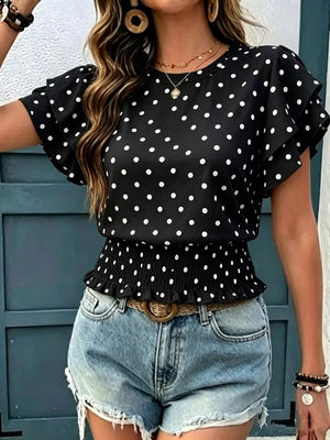 White Polka Dot Ruffle Sleeve Blouse