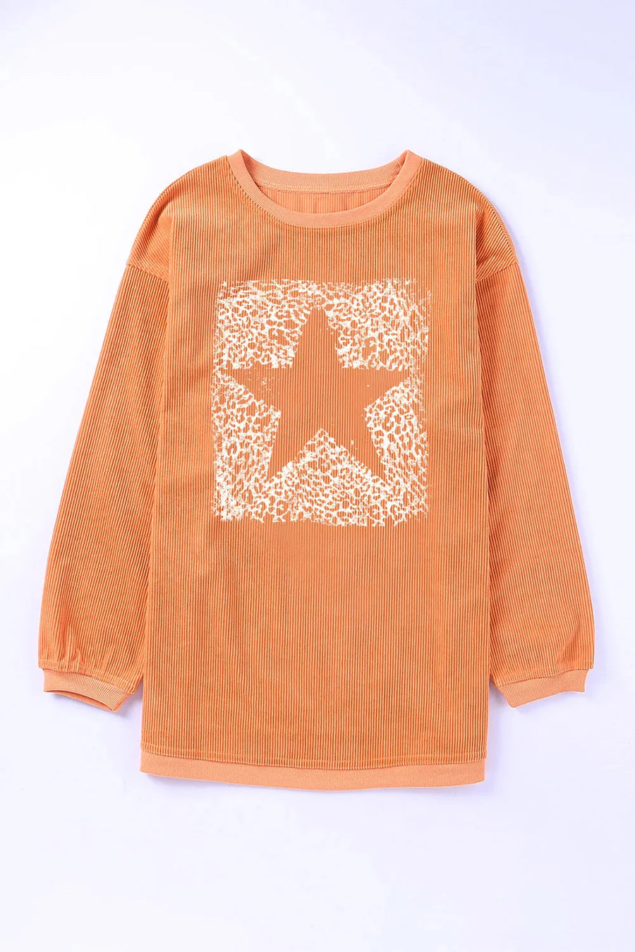 Leopard star graphic ribbed oversized sweatshirt in sherbet with crew neck and long sleeves.