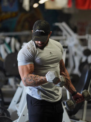Gray Spartan graphic muscle fit tee with crew neck and short sleeves.