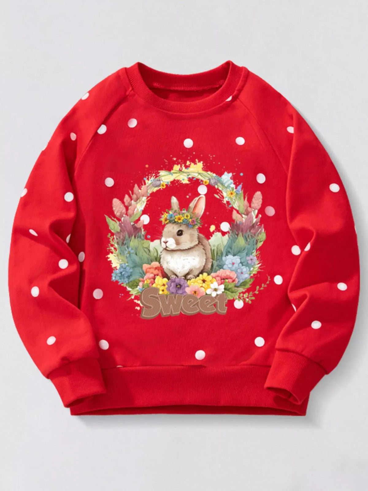 Red cotton crew neck sweatshirt with white polka dots and a bunny graphic.