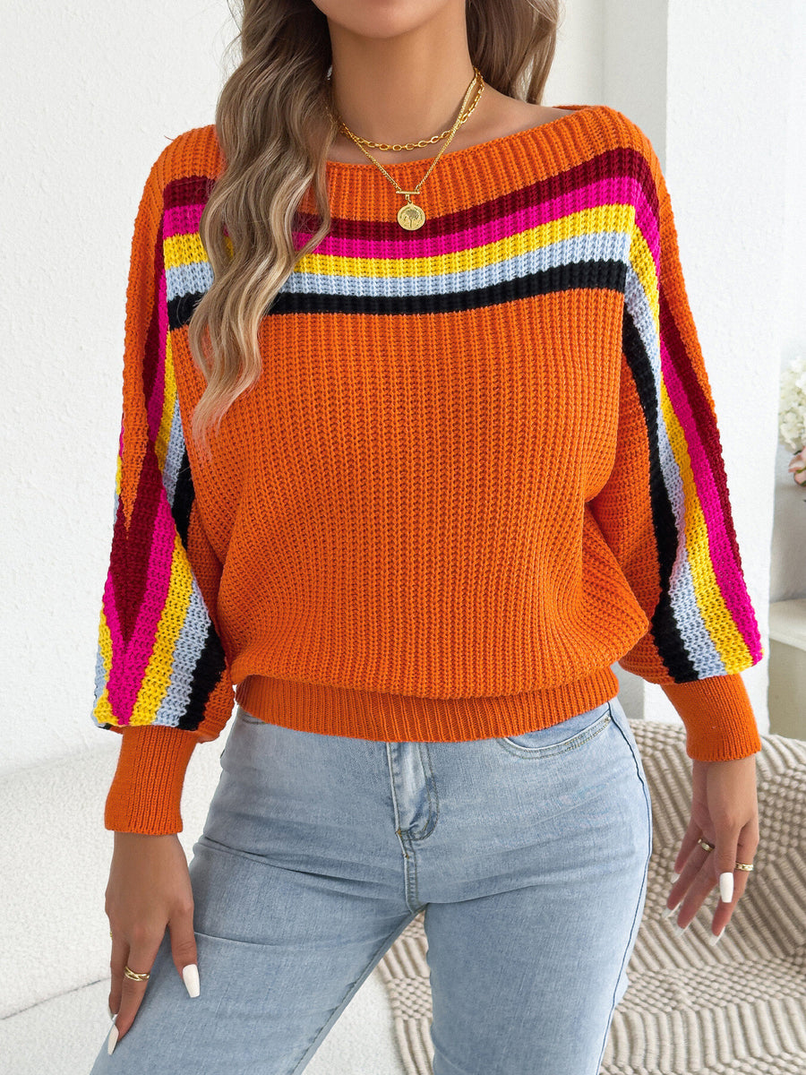 pullover sweater in Orange with off-shoulder and long sleeve