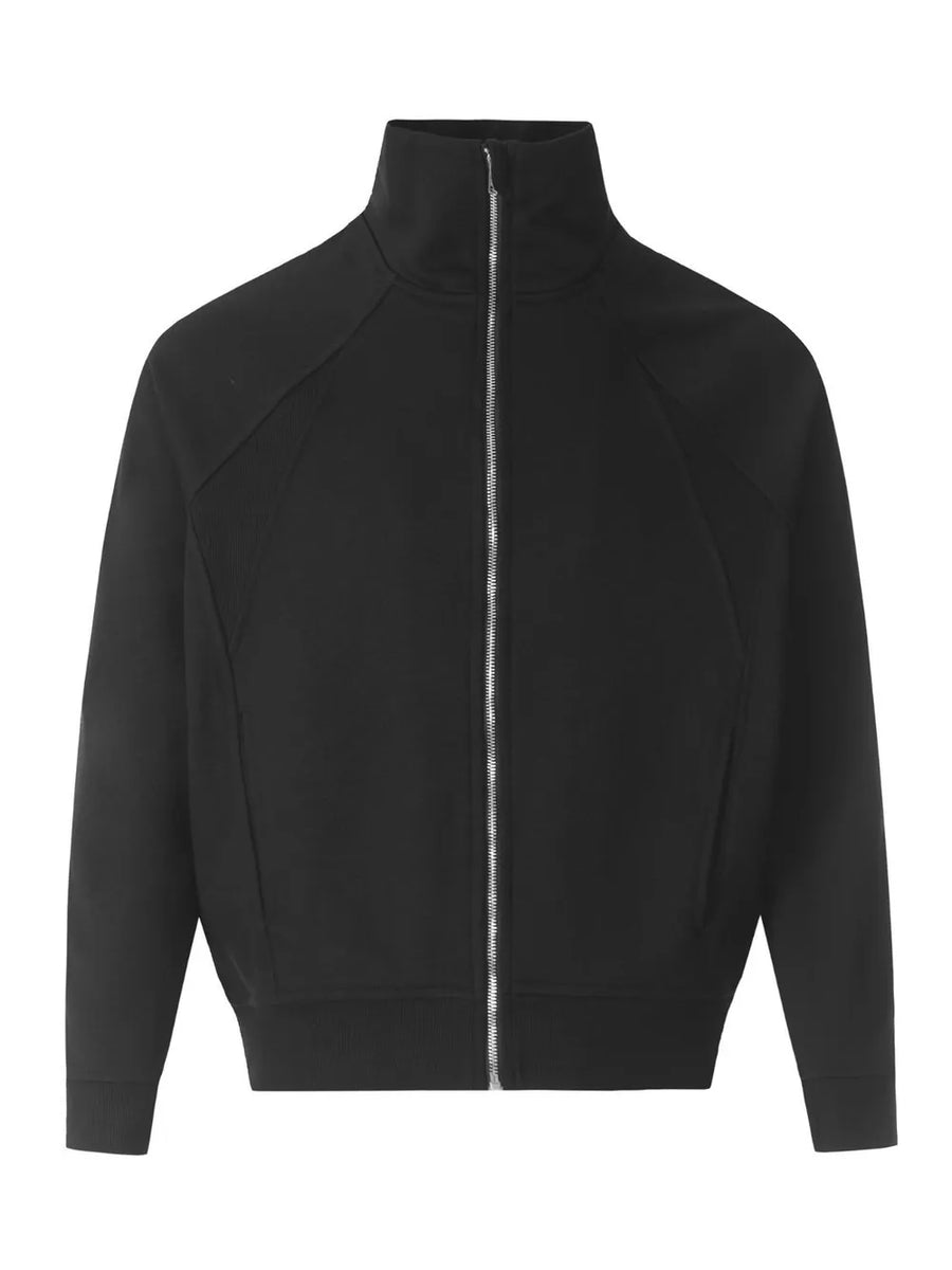 Black zip-up sweatshirt with sculpted seam details and a mock neck.