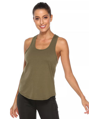 Olive green racerback tank top with a scoop neckline and curved hem.