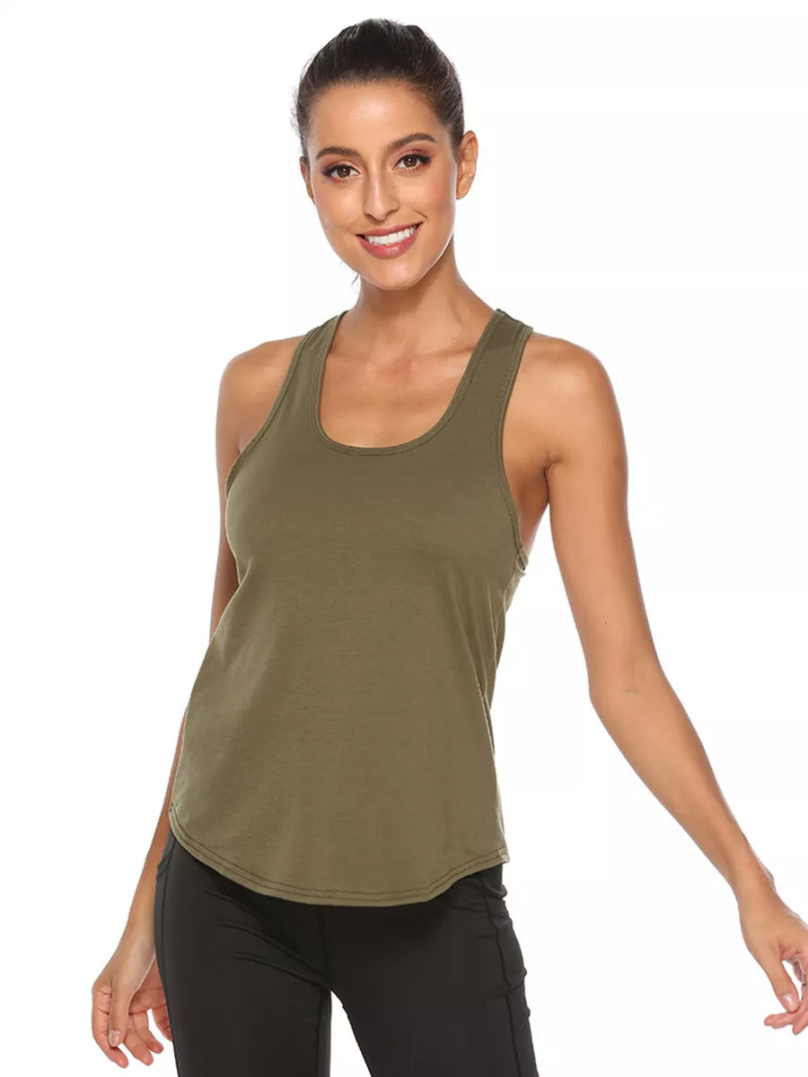 Olive green racerback tank top with a scoop neckline and curved hem.