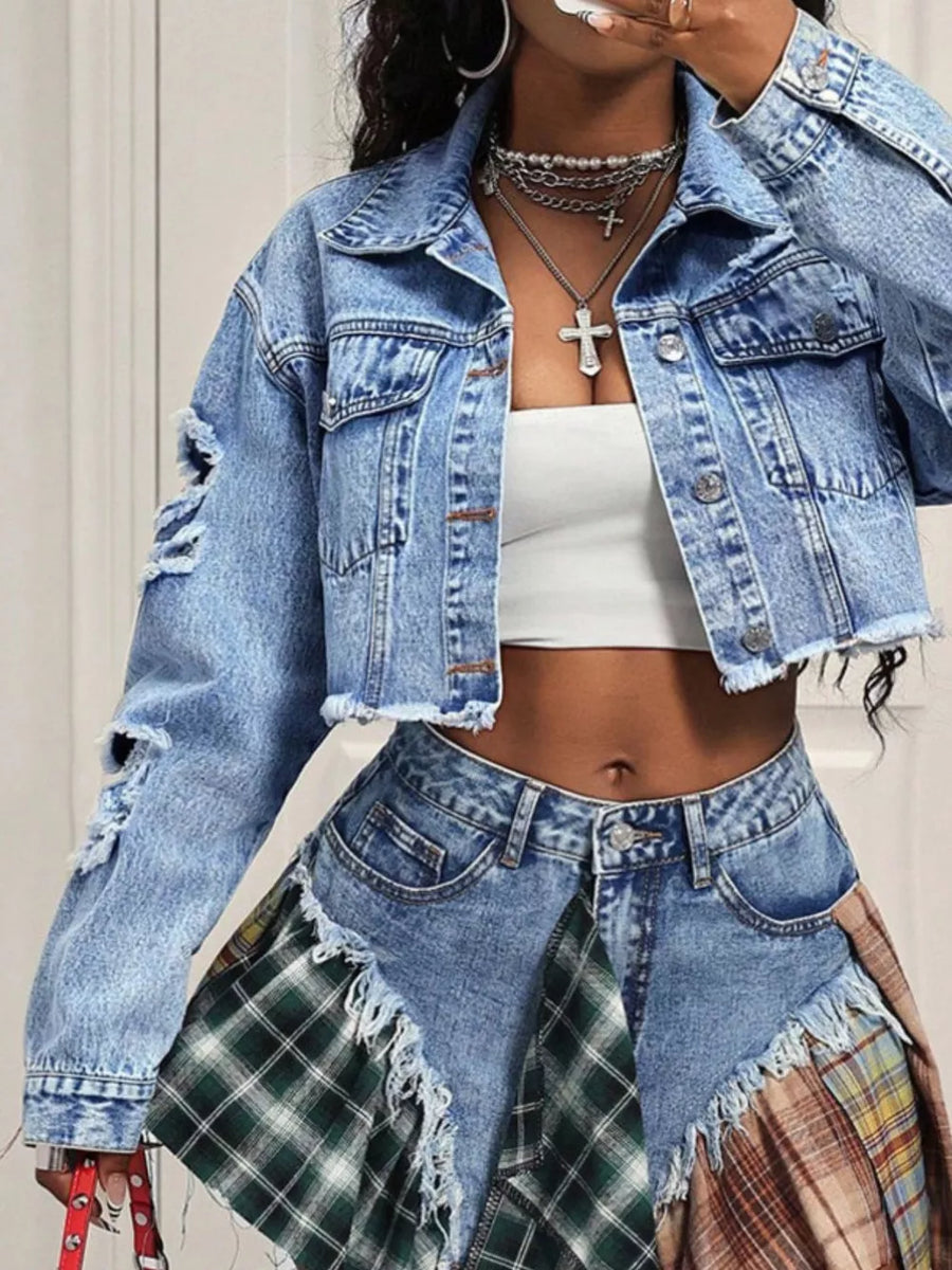 Distressed Cropped Denim Jacket option 7