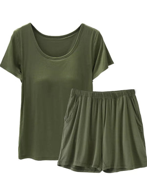 Army green two-piece pajama set with scoop neck tee and elastic waist shorts with pockets.