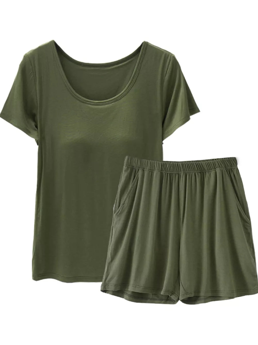 Army green two-piece pajama set with scoop neck tee and elastic waist shorts with pockets.