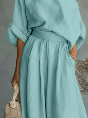 two-piece set in Yellow-Green with one-shoulder and elbow sleeve