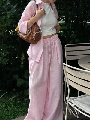 Button Up Shirt And Drawstring Pants Set in Light Blue