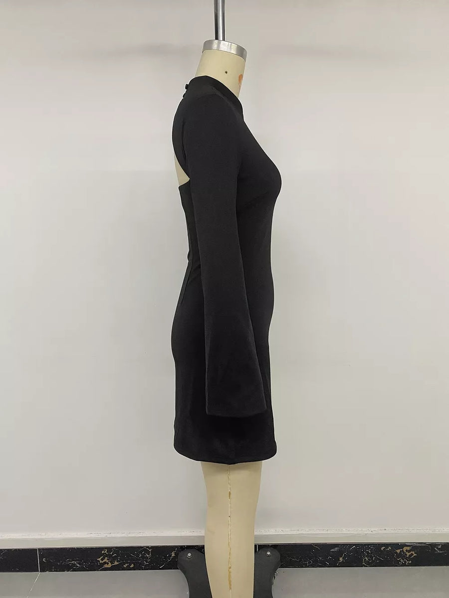 mini dress in Black with mandarin collar and long sleeve