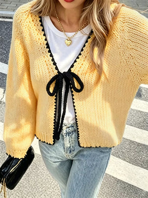 Chic Tie-front Contrast-trim Cardigan Plus Size in Black
