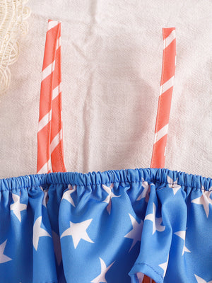 Toddler cami and shorts set with blue star print and striped straps.