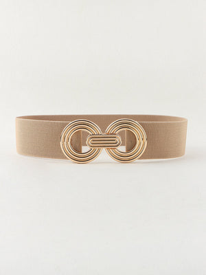 Khaki stretch belt with interlocking gold circle buckle