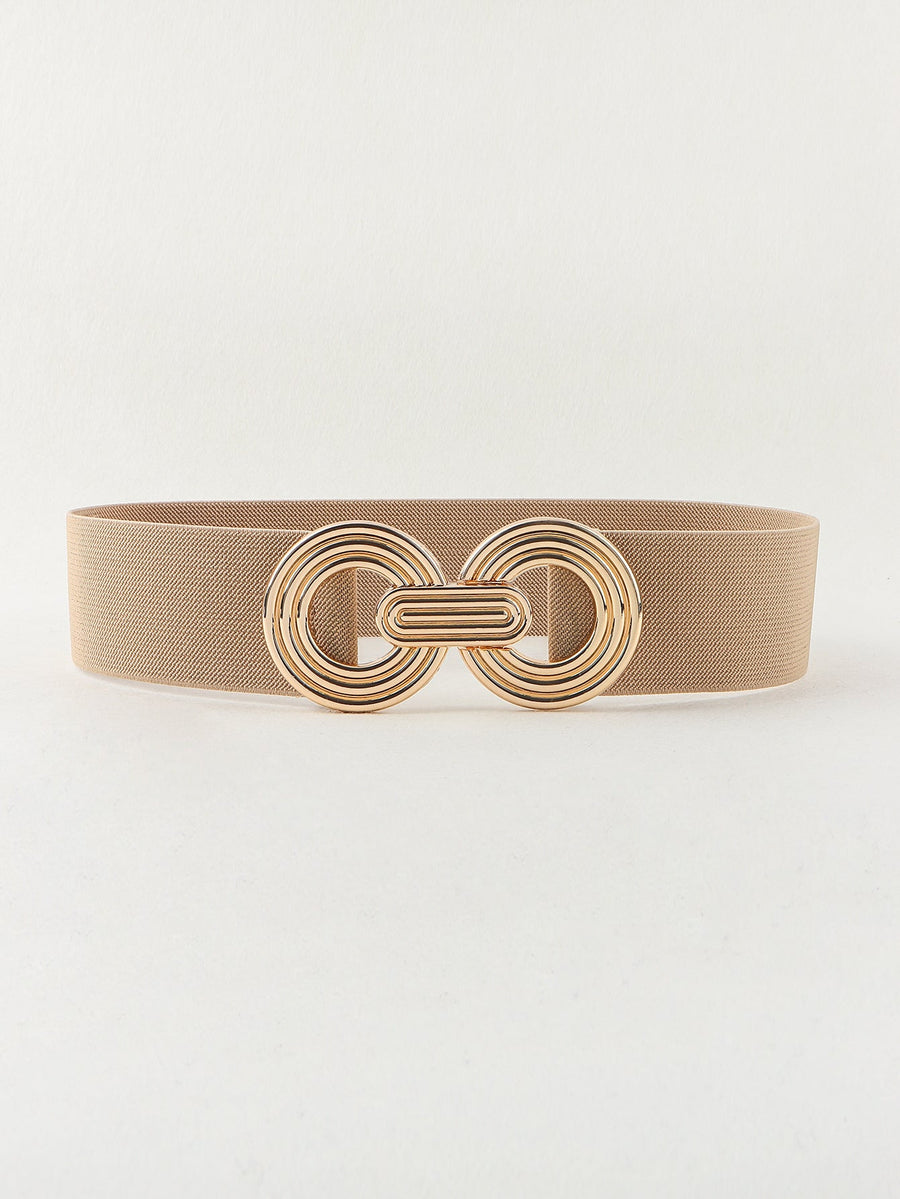 Khaki stretch belt with interlocking gold circle buckle