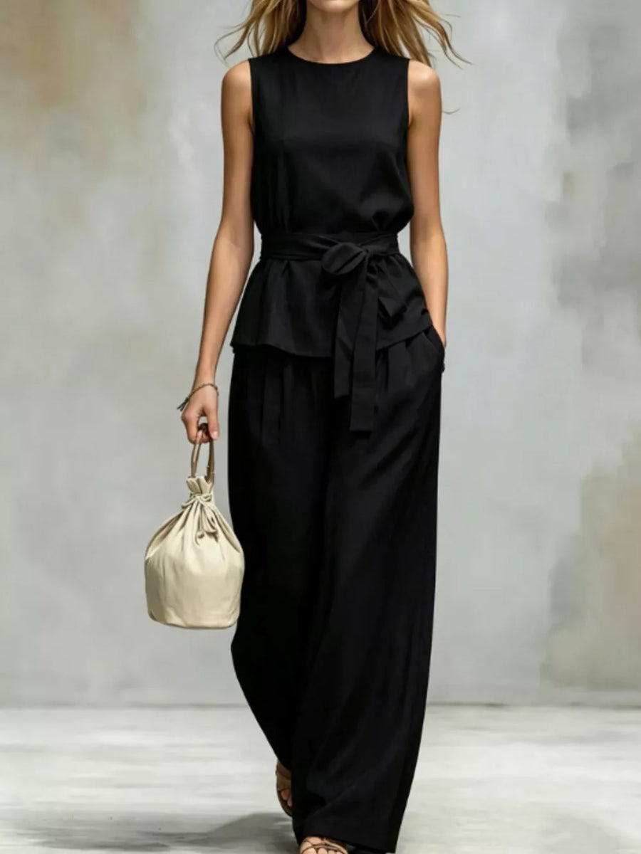 Sleeveless Top And Wide-leg Pants Set in Chocolate Color with pocketed