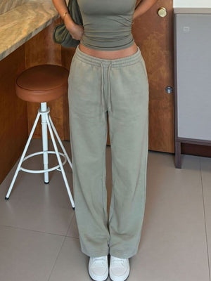 Grayish Green sweatpants with full-length and drawstring