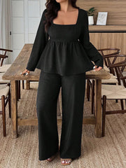 Black ruched square neck peplum top and wide-leg pants set