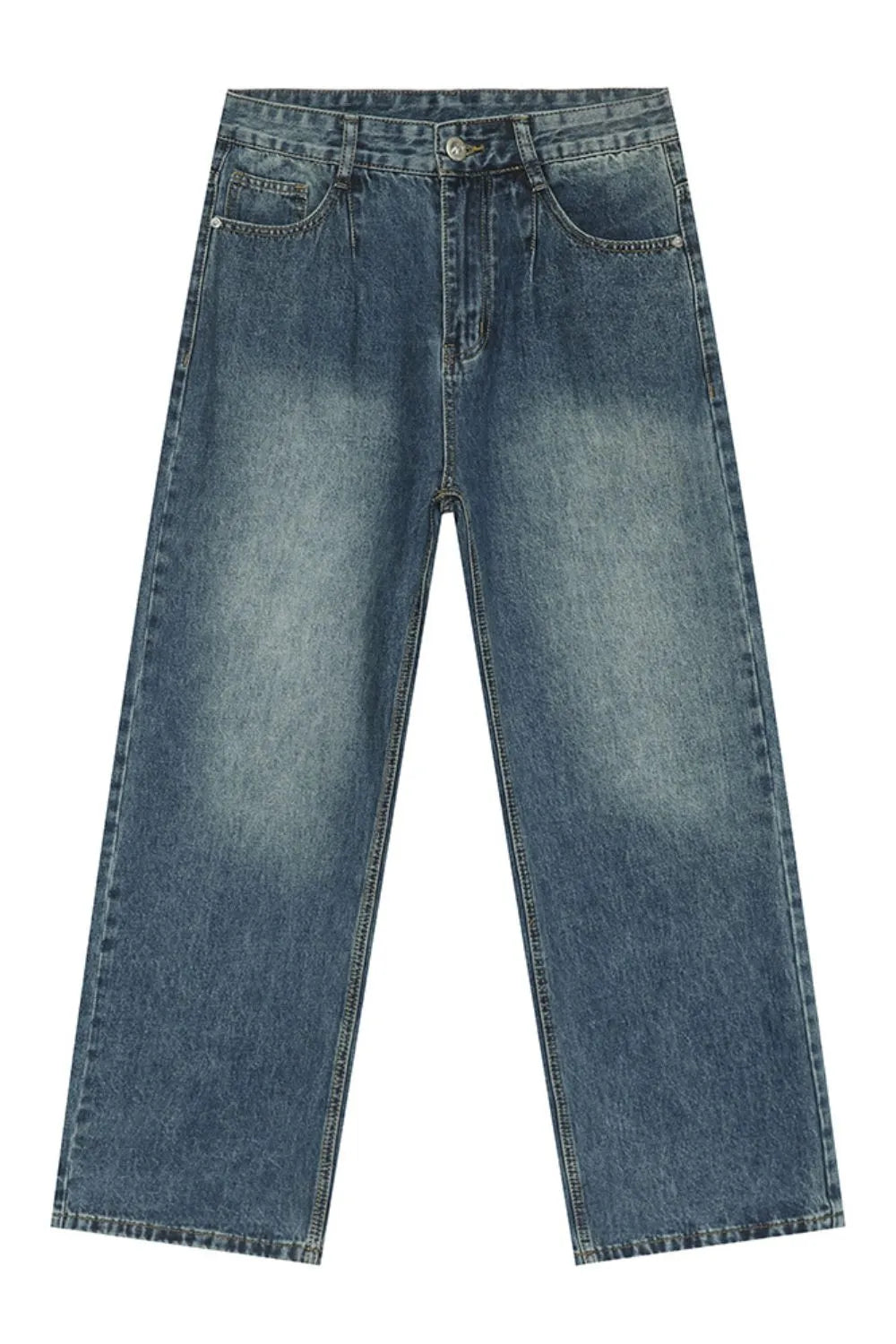 Pleated baggy denim jeans in medium wash cotton with a relaxed fit.