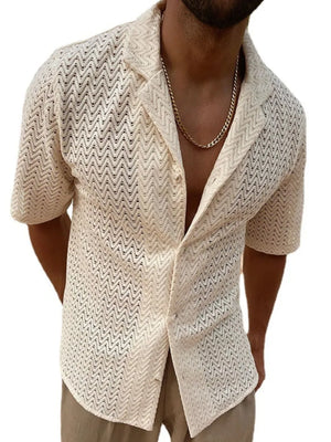 Ivory open-knit herringbone resort shirt with short sleeves and a collared neckline.