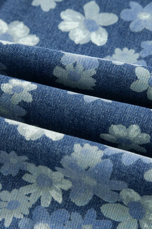 Blue denim barrel jeans with a daisy floral print and pockets.
