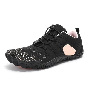 Black perforated mesh water-ready lace-up athletic shoes with blush pink accent.