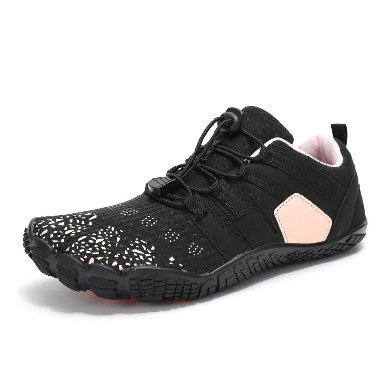 Black perforated mesh water-ready lace-up athletic shoes with blush pink accent.