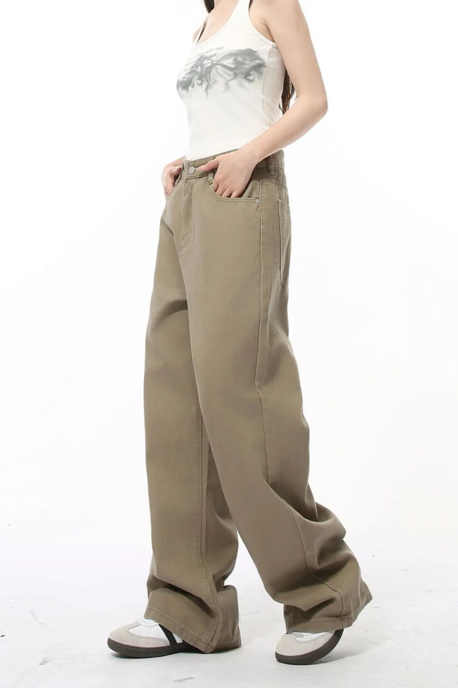 Khaki wide-leg denim jeans with a relaxed fit and utility pockets.