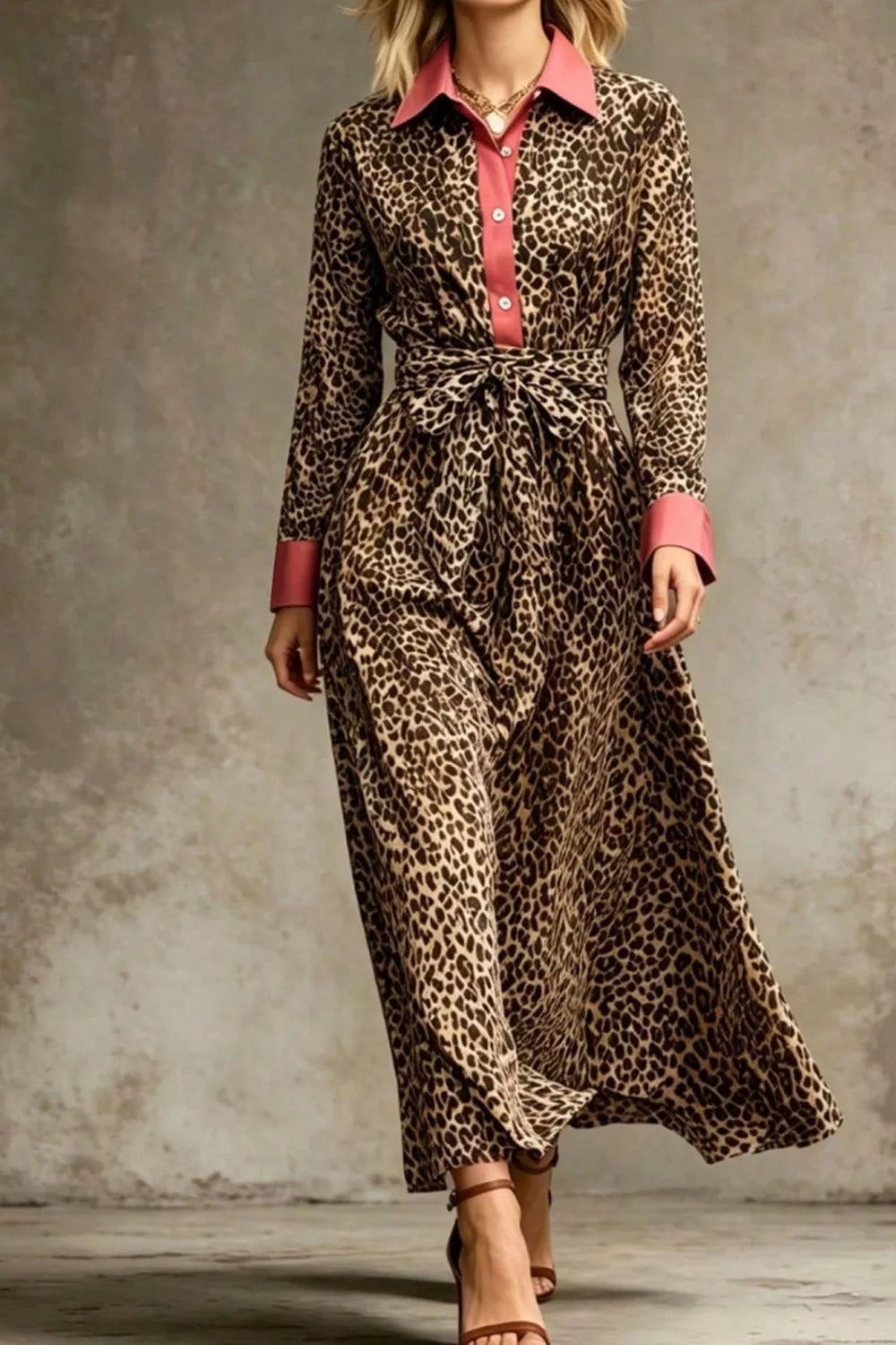 tan shirt dress with leopard and collared