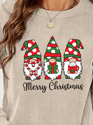 Beige corduroy sweatshirt with three Christmas gnomes and Merry Christmas text.