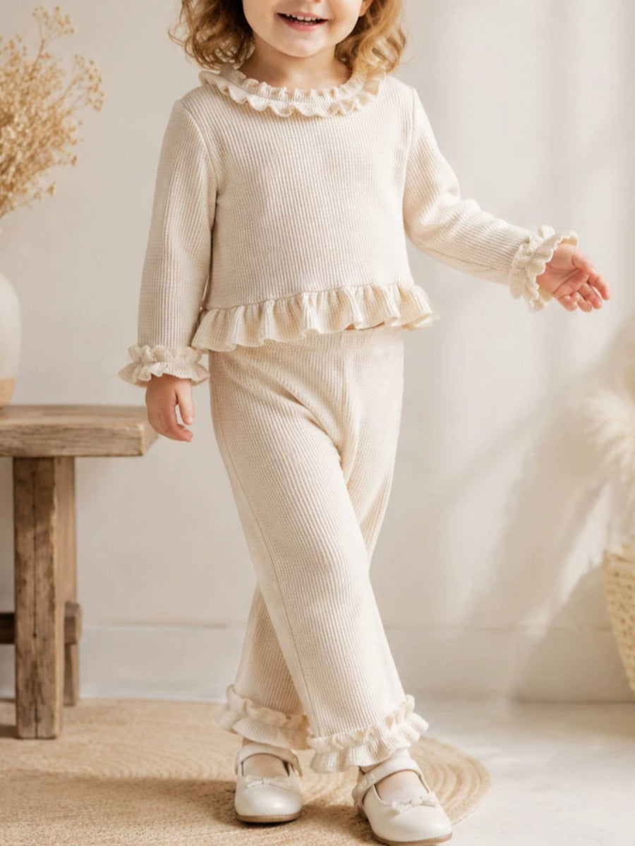 cream pajama set with ribbed and round neck