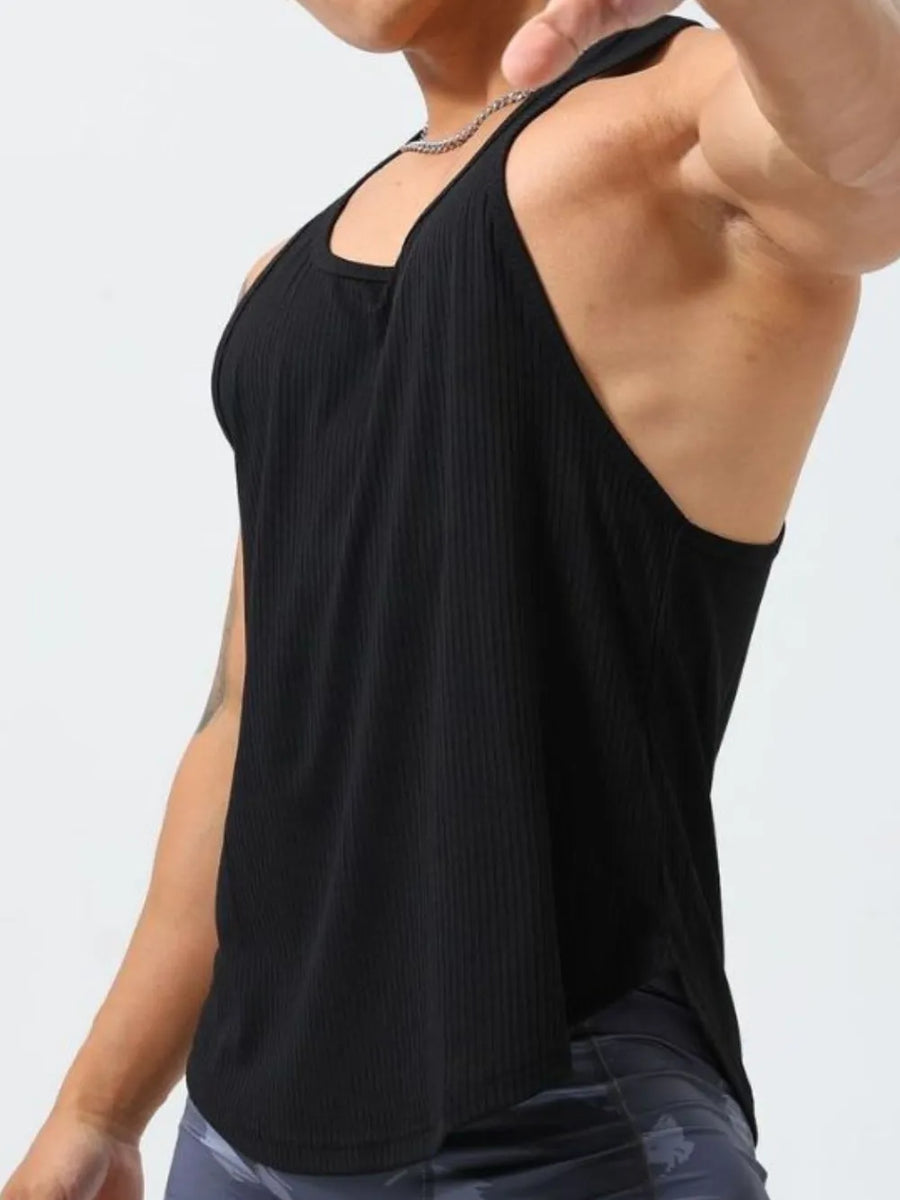 Black ribbed racerback tank top for him with a scoop neck.
