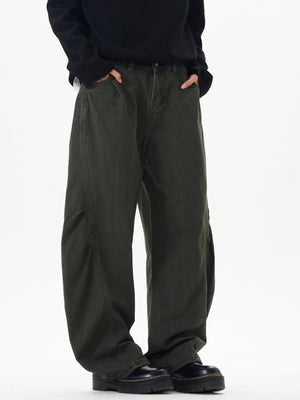 Dark green wide leg cargo pants with visible stitching