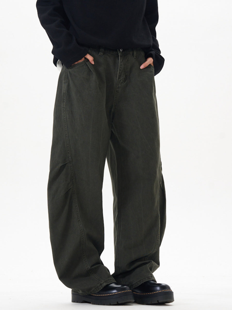 Dark green wide leg cargo pants with visible stitching