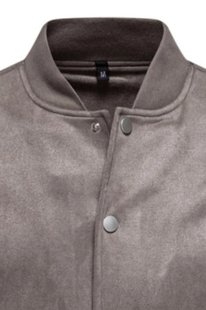 Taupe suede-effect bomber jacket with snap closure and ribbed collar detail.