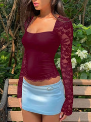 Wine red lace-embellished square neck t-shirt with long sleeves and a cropped hem.