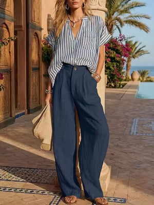 Blue Full Size Striped Button Up Shirt And Pants Set Plus Size