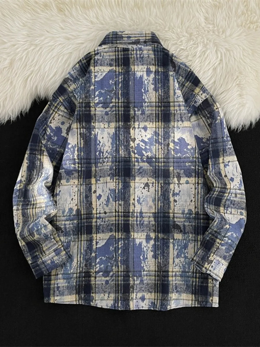 Blue with Men's Plus Size Plaid Button Up Casual Shacket
