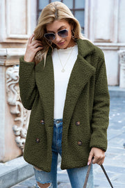 Army green teddy pea coat with double-breasted closure and notched lapels.