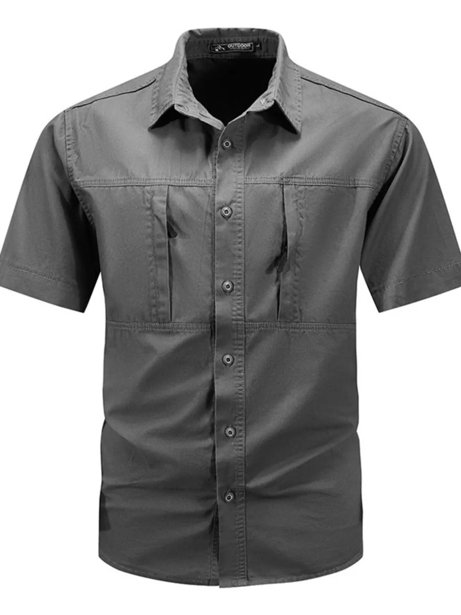 Dark gray cotton short sleeve button-down shirt with utility pockets