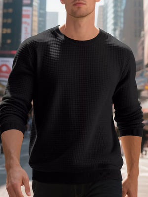 black sweatshirt with waffle-knit and crew neck