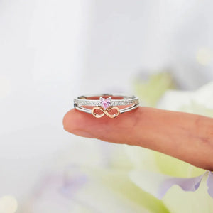 Silver infinity heart ring set with pink stone and diamond accents