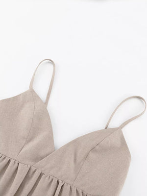 Tan linen blend cami dress with spaghetti straps and gathered waist