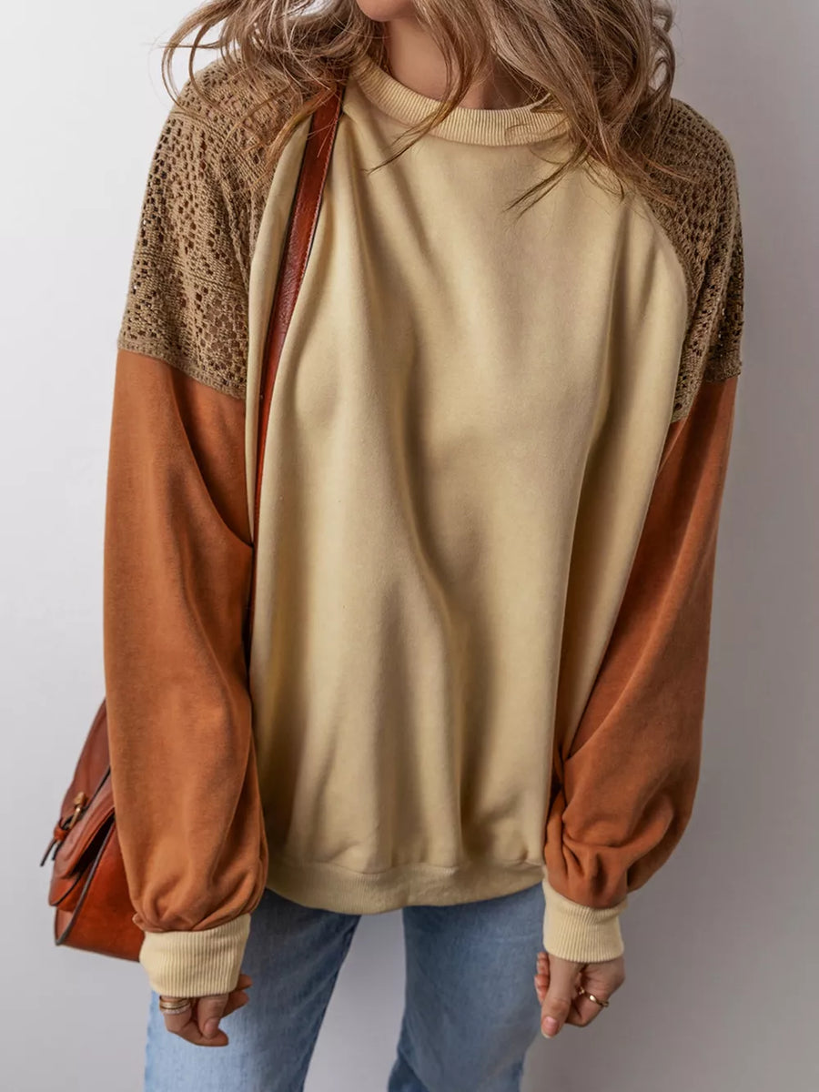 Tan Lace Patchwork Colorblock Sweatshirt