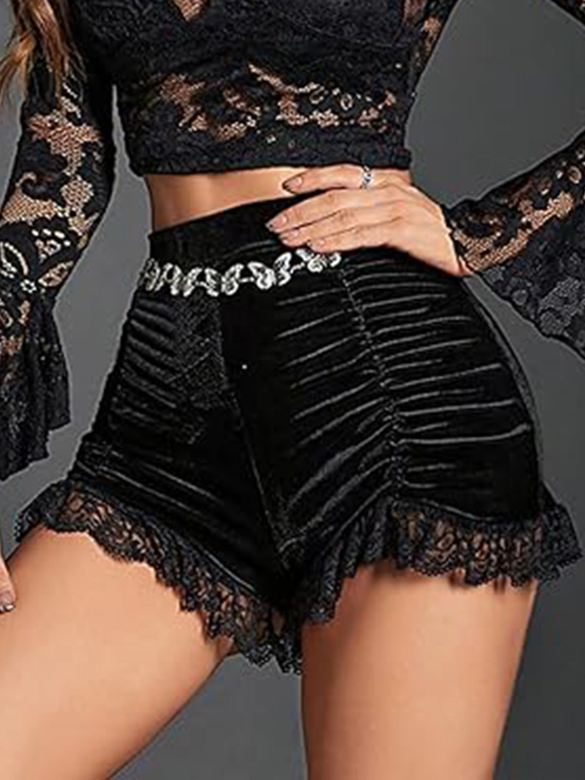 Elegant Ruched Lace-trimmed High-waisted Shorts