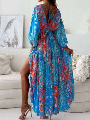 Black Printed V-neck Balloon Sleeve Maxi Dress