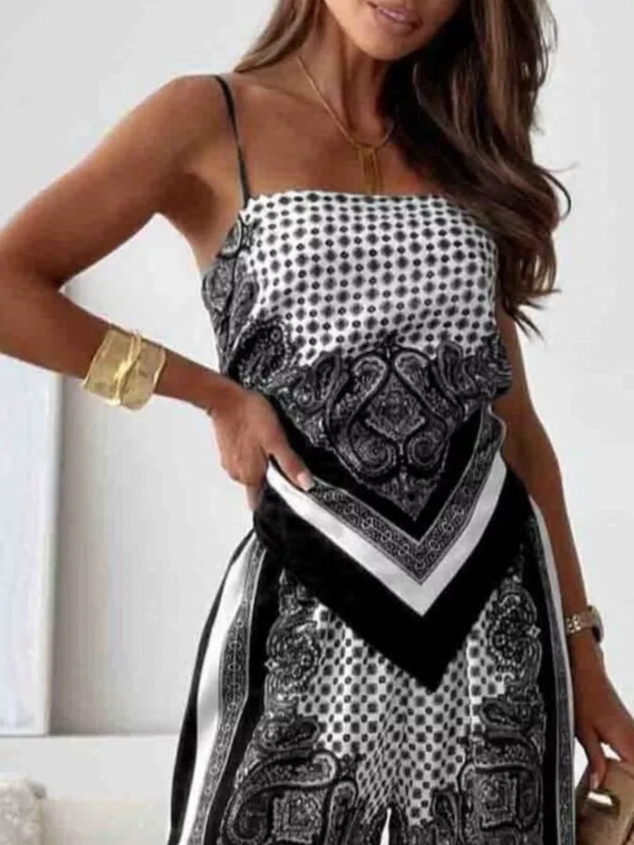Black and white printed cami and wide-leg pants set with paisley and polka dot patterns.